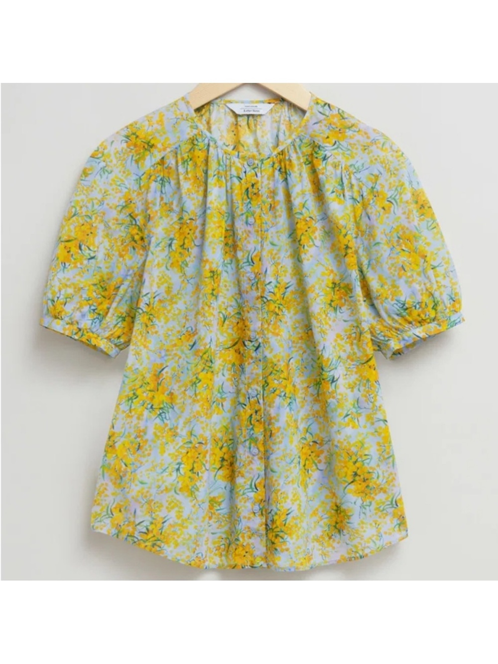 & Other Stories Yellow Floral Puff-Sleeve Blouse with Light Blue Base